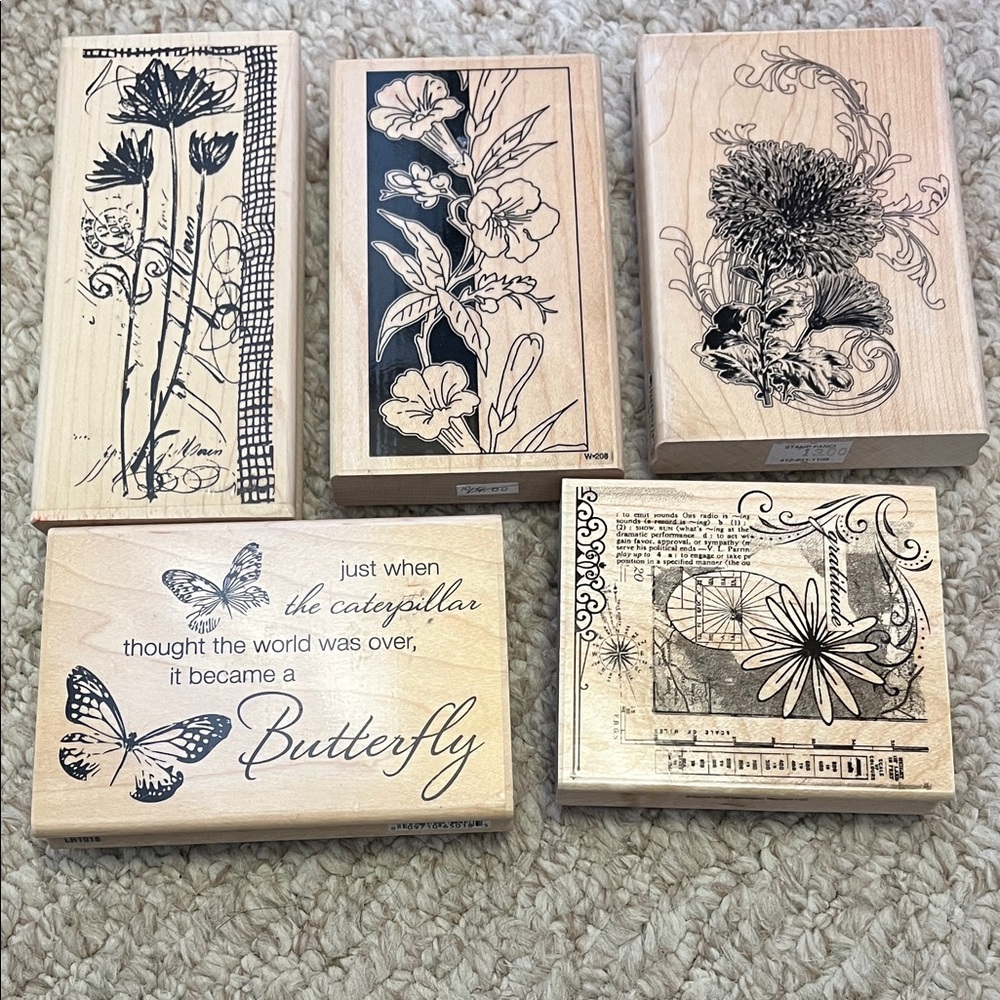Decorative Wooden Stamp Set with Floral and Butterfly Designs